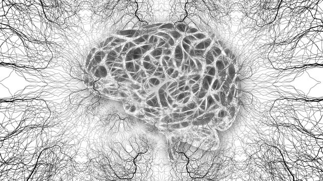 Abstract illustration of neural networks and a brain highlighting synaptic activity studied with the zap-and-freeze technique. 