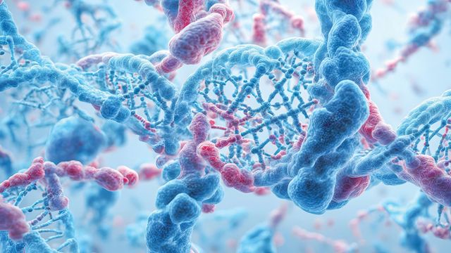 A 3D molecular visualization of DNA transcription, showing intertwined blue and pink strands representing DNA and RNA polymerase activity in the nucleus. 