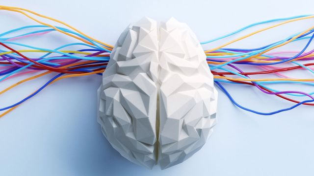 A white 3D rendering of a brain, with rainbow cords underneath. 