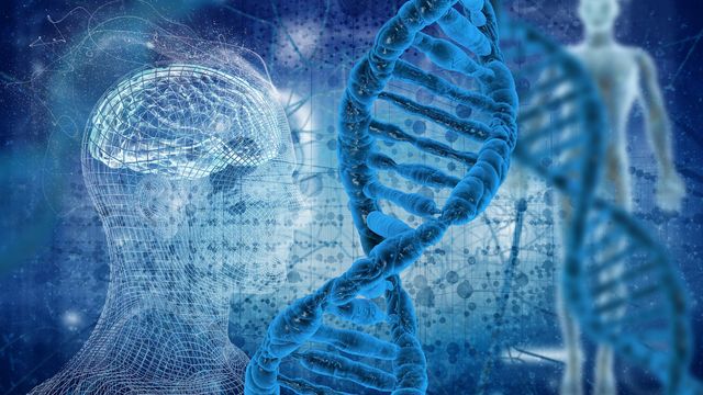 Visual representation of molecular profiling with DNA and a human figure. 