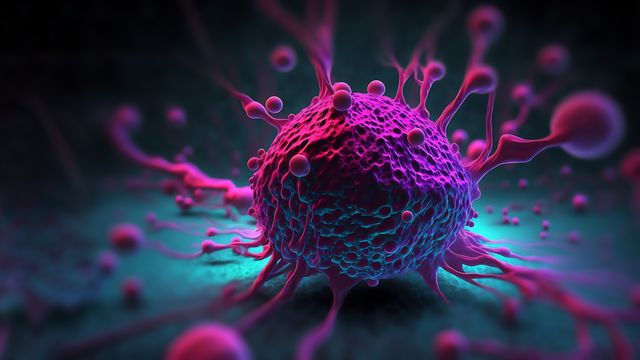 3D illustration of a leukemia cell with protruding filaments in a dark cellular environment. 