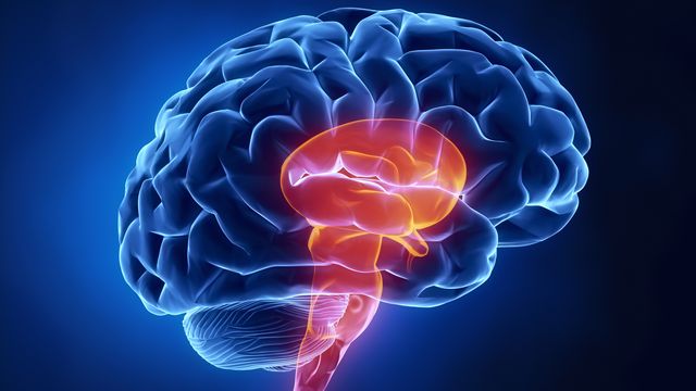 Illustration of a human brain. The brain is blue and the brainstem red. 