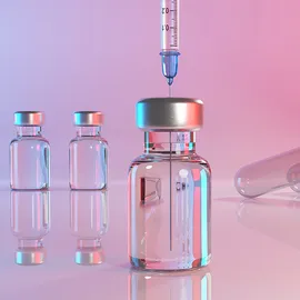 Illustration of vaccine vials and syringe representing high-throughput CE-SDS biopharmaceutical analysis.