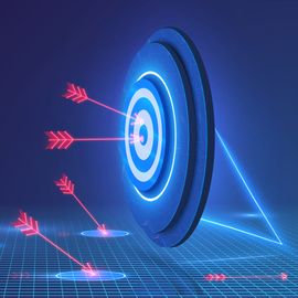 Red arrows flying toward a glowing blue target symbolizing precision and challenges in target-based drug discovery. 