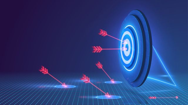 Red arrows flying toward a glowing blue target symbolizing precision and challenges in target-based drug discovery. 