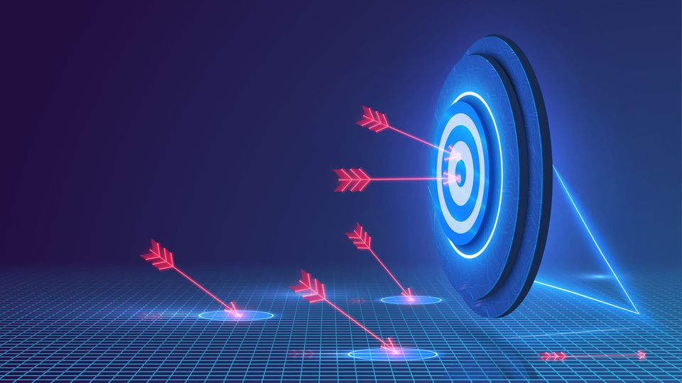 Red arrows flying toward a glowing blue target symbolizing precision and challenges in target-based drug discovery.