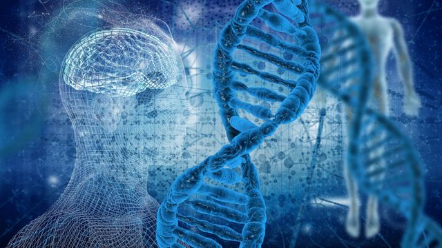 Digital illustration of DNA strands and human figures representing a gene database and genomic data. 
