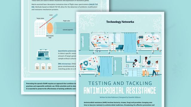 Illustrated infographic cover showing hospital and lab scenes focused on antimicrobial testing and resistance. Text reads: Testing and Tackling Antimicrobial Resistance. 