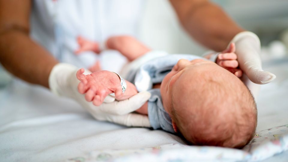 Healthcare worker gently holding a premature newborn baby in a hospital setting.