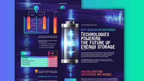 Infographic teaser highlighting next-generation battery technologies, comparing lithium-ion and solid-state batteries. Text reads: Technologies Powering the Future of Energy Storage