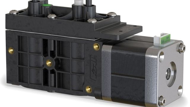 Compact laboratory vacuum pump with stepper motor housing and mounting bracket. 