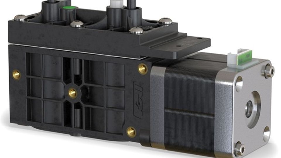 Compact laboratory vacuum pump with stepper motor housing and mounting bracket.
