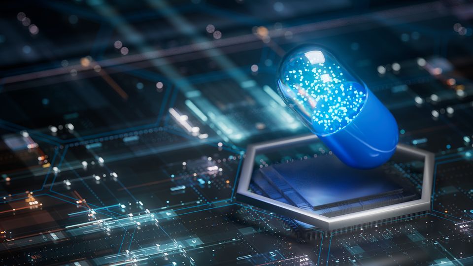 Futuristic digital capsule on a microchip, symbolizing AI-driven innovation in drug discovery.
