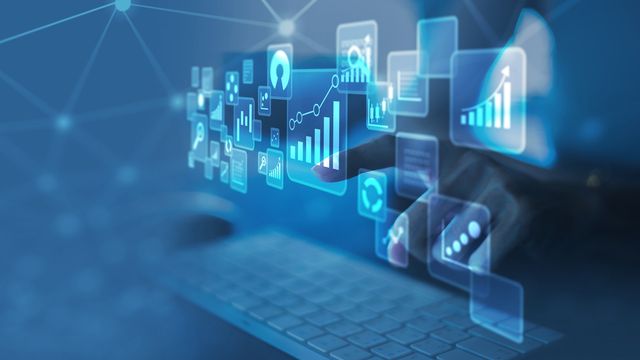 Illustration of a human hand pointing to an interface displaying data icons.  