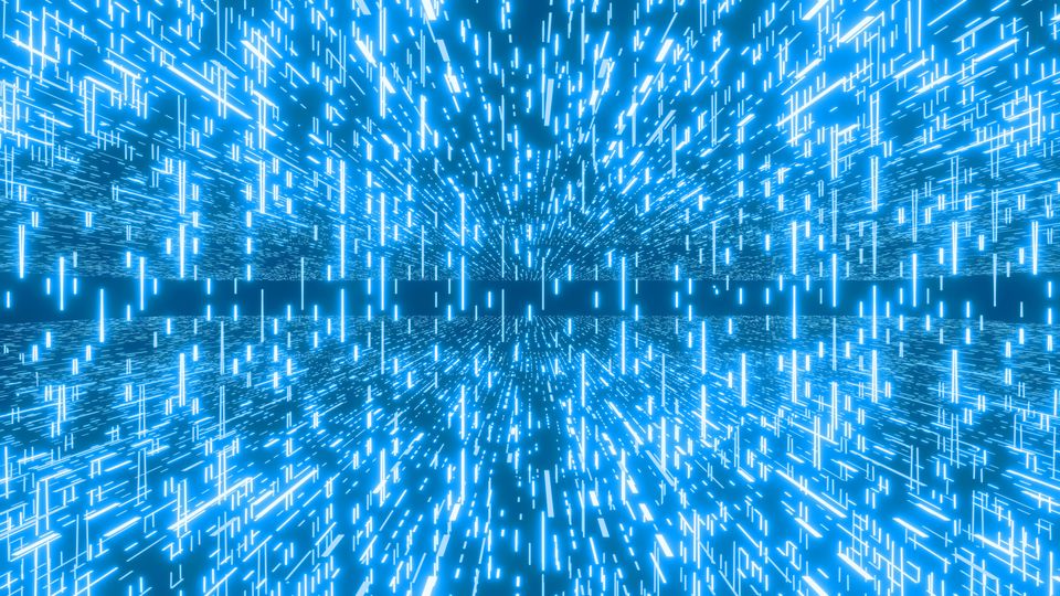 A digital illustration depicting two dark blue layers of material at the top and bottom of the image. The rest of the image is taken up by many glowing blue light bars, seemingly flowing between the top and bottom layers.