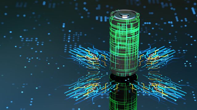 A digital illustration showing a battery in grey and green, with blue and orange electricity-like lines spreading out from the bottom of the battery. 