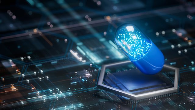 AI-driven multiomics in drug discovery depicted with a digital pill and a circuit in the background. 