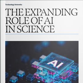The cover of an eBook with a digital AI chip illustration and an open page discussing AI's impact on materials discovery 