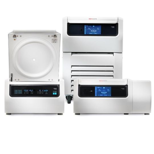 Three white benchtop laboratory instruments with digital touchscreens, arranged together on a white background. 