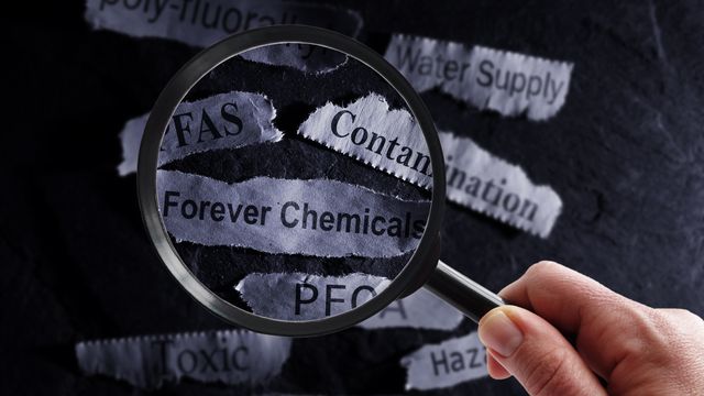 A person holds a magnifying glass over scraps of paper reading "PFAS", "forever chemicals" and other related terms. 