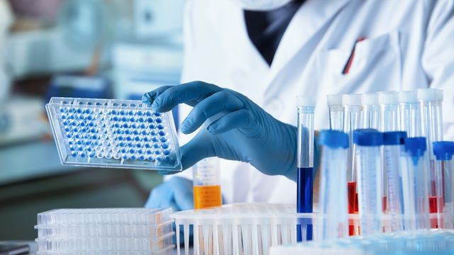 A laboratory technician in a white coat holds a well plate, surrounded by test tubes and pipettes, performing scientific analysis. 