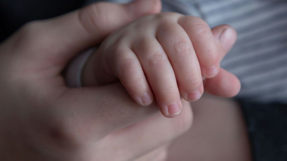 Infant hand grasping an adult finger, symbolizing early bonding and milk microbiome development.