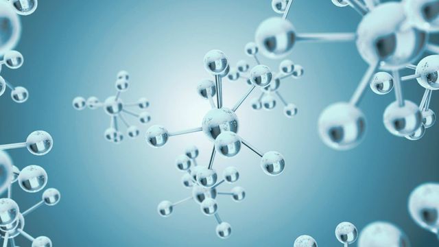 3D illustration of molecular structures representing mass spectrometry analysis. 