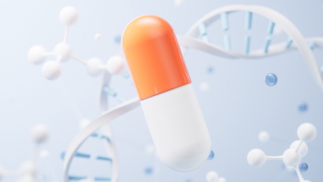 3D illustration of a capsule pill with DNA strands and molecules, symbolizing biopharma innovation. 