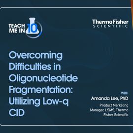 Amanda Lee smiling next to the title of her presentation "Overcoming Difficulties in Oligonucleotide Fragmentation: Utilizing Low-q CID." 