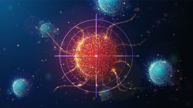 A red cancer cell, with a target crosshairs on it, surrounded by blue normal cells. 