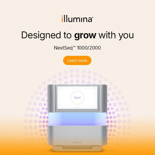 Illumina NextSeq 1000/2000 sequencer with “Designed to grow with you” tagline and Learn more button 
