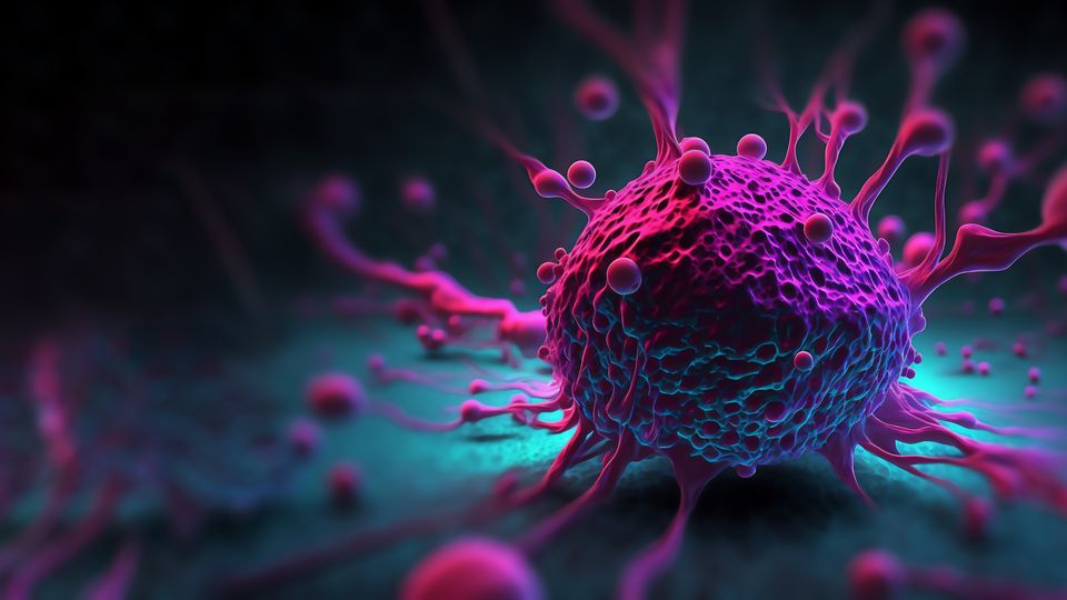 3D illustration of a cancer cell with protruding structures, highlighting tumor growth and spread.
