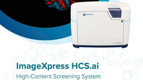 ImageXpress HCS.ai high-content screening system with fluorescence cell imagery and Molecular Devices branding