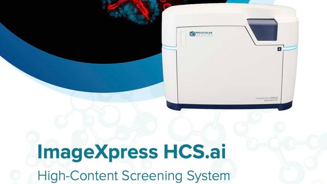 ImageXpress HCS.ai high-content screening system with fluorescence cell imagery and Molecular Devices branding 