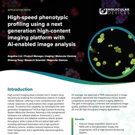 Application note cover on high-speed phenotypic profiling with AI-enabled high-content imaging, featuring cell images and Molecular Devices branding 