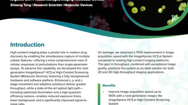Application note cover on high-speed phenotypic profiling with AI-enabled high-content imaging, featuring cell images and Molecular Devices branding 