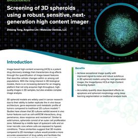 Application note on screening 3D spheroids with next-generation high-content imaging, featuring spheroid fluorescence imagery and Molecular Devices branding 