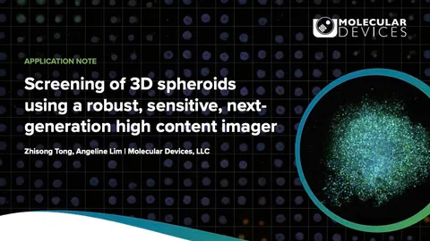 Application note on screening 3D spheroids with next-generation high-content imaging, featuring spheroid fluorescence imagery and Molecular Devices branding