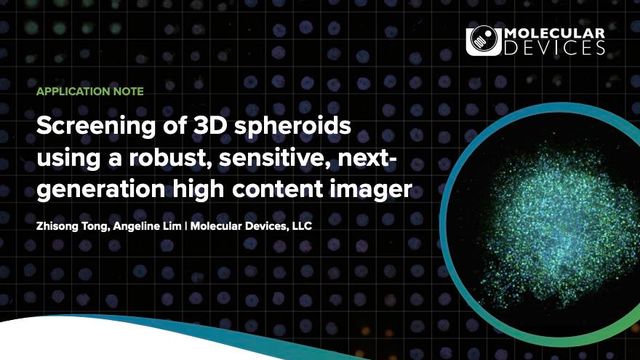 Application note on screening 3D spheroids with next-generation high-content imaging, featuring spheroid fluorescence imagery and Molecular Devices branding 