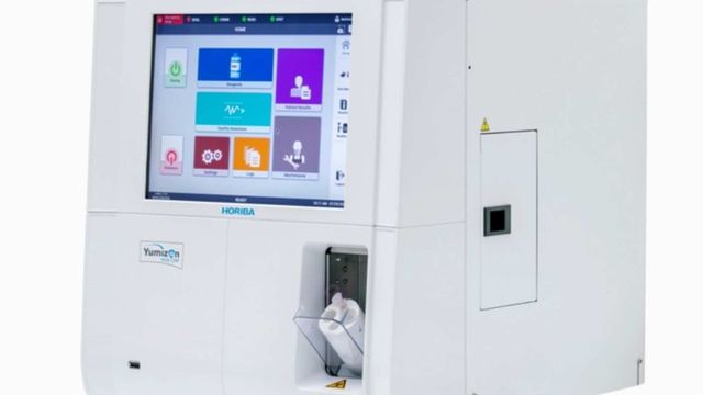 Hematology analyzer with touchscreen interface used for automated blood cell analysis in clinical laboratories. 