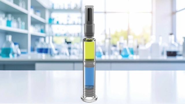 Glass prefillable syringe with dual chambers displayed in a laboratory setting. 