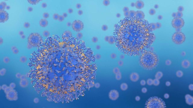 3D illustration of spherical protein molecules with surface structures in a biological environment. 