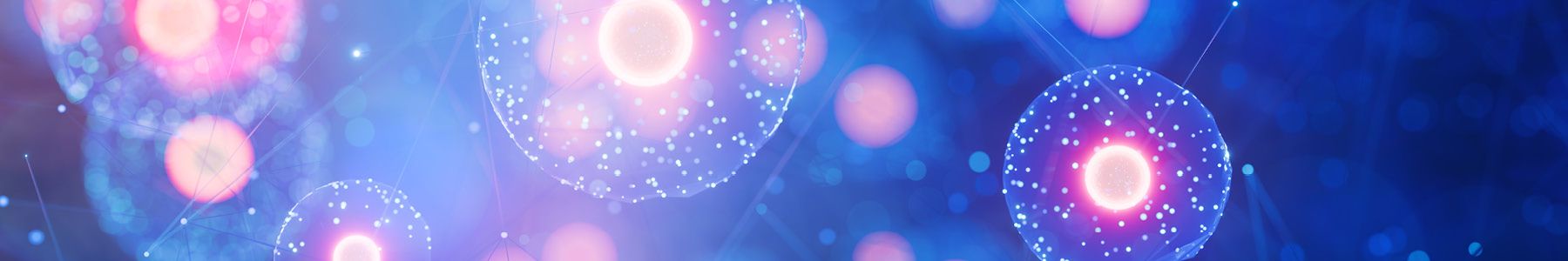 Abstract illustration of glowing cells and molecular networks representing biopharma research 