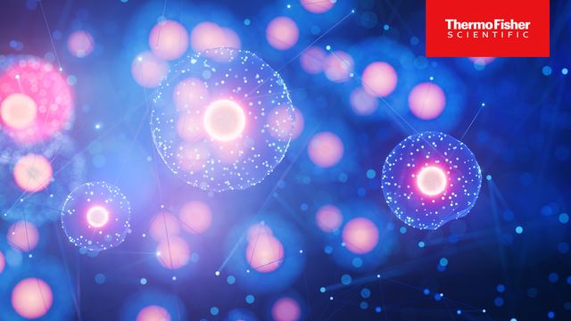 Abstract illustration of glowing cells and molecular networks representing biopharma research 