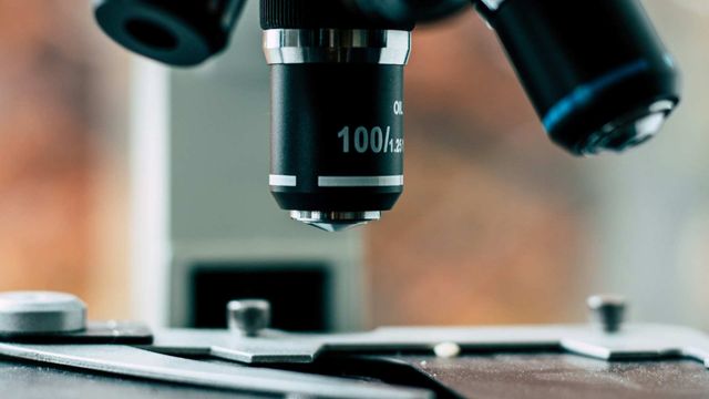 Close-up of a microscope used for AI imaging and high-resolution biomedical analysis. 