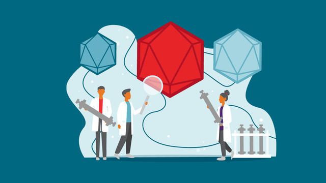 Three lab-coated scientists examine geometric virus models; two hold syringes, one a magnifying glass, blue background. 