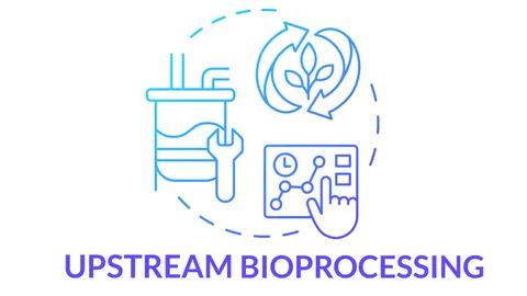 Illustration of upstream bioprocessing with bioreactor, analytics dashboard, and recycle loop.