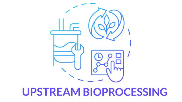 Illustration of upstream bioprocessing with bioreactor, analytics dashboard, and recycle loop. 