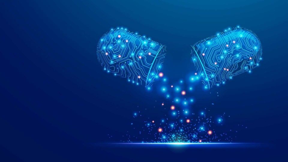 Illustration of digital brains dispersing data points representing AI drug discovery.