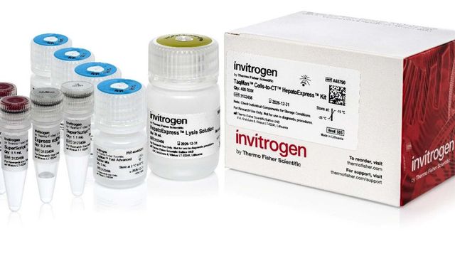 Invitrogen HepatoExpress Kit with labeled reagent tubes and box for liver cell gene expression studies. 